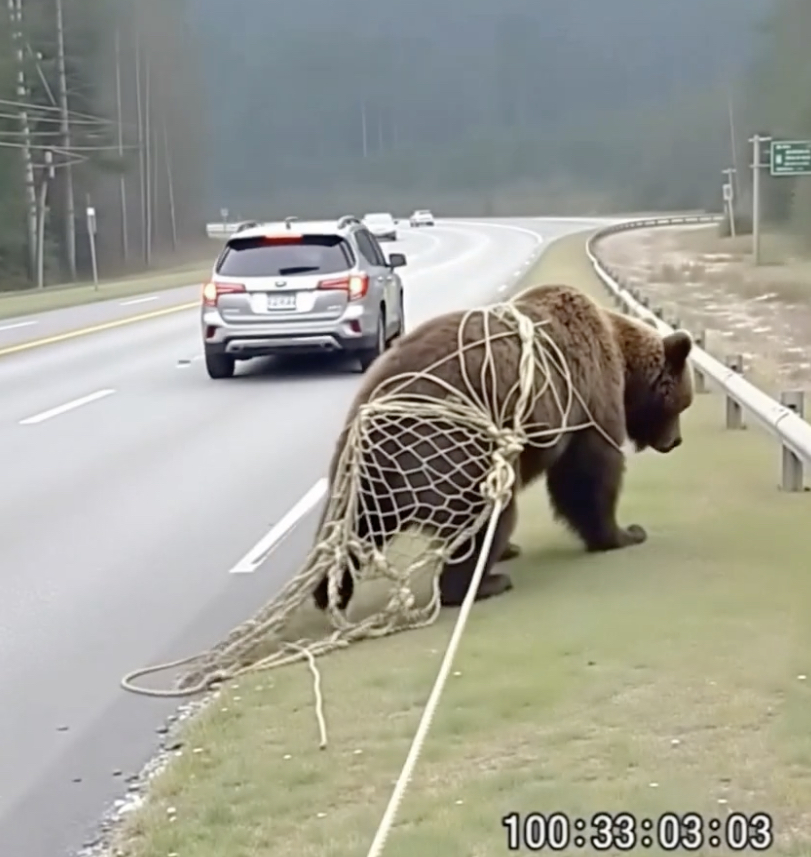 b8.On the road, I noticed a bear tangled in a net, unable to free itself: