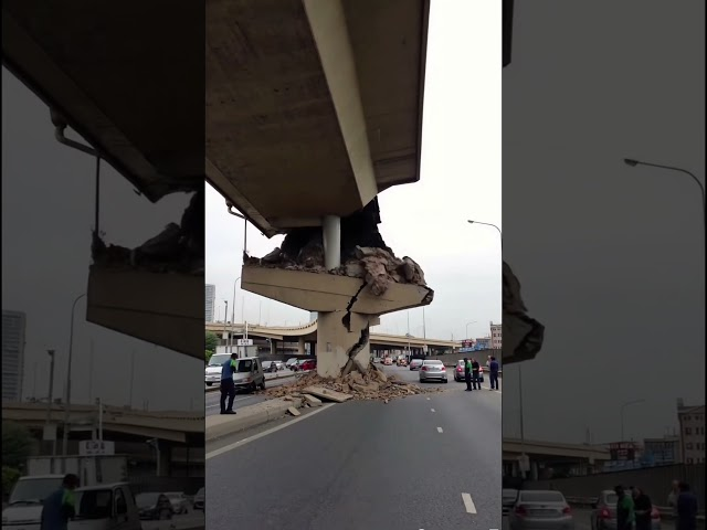 The bridge’s support collapsed after the earthquake, but it was only the outer concrete that hit the car. (2i4)