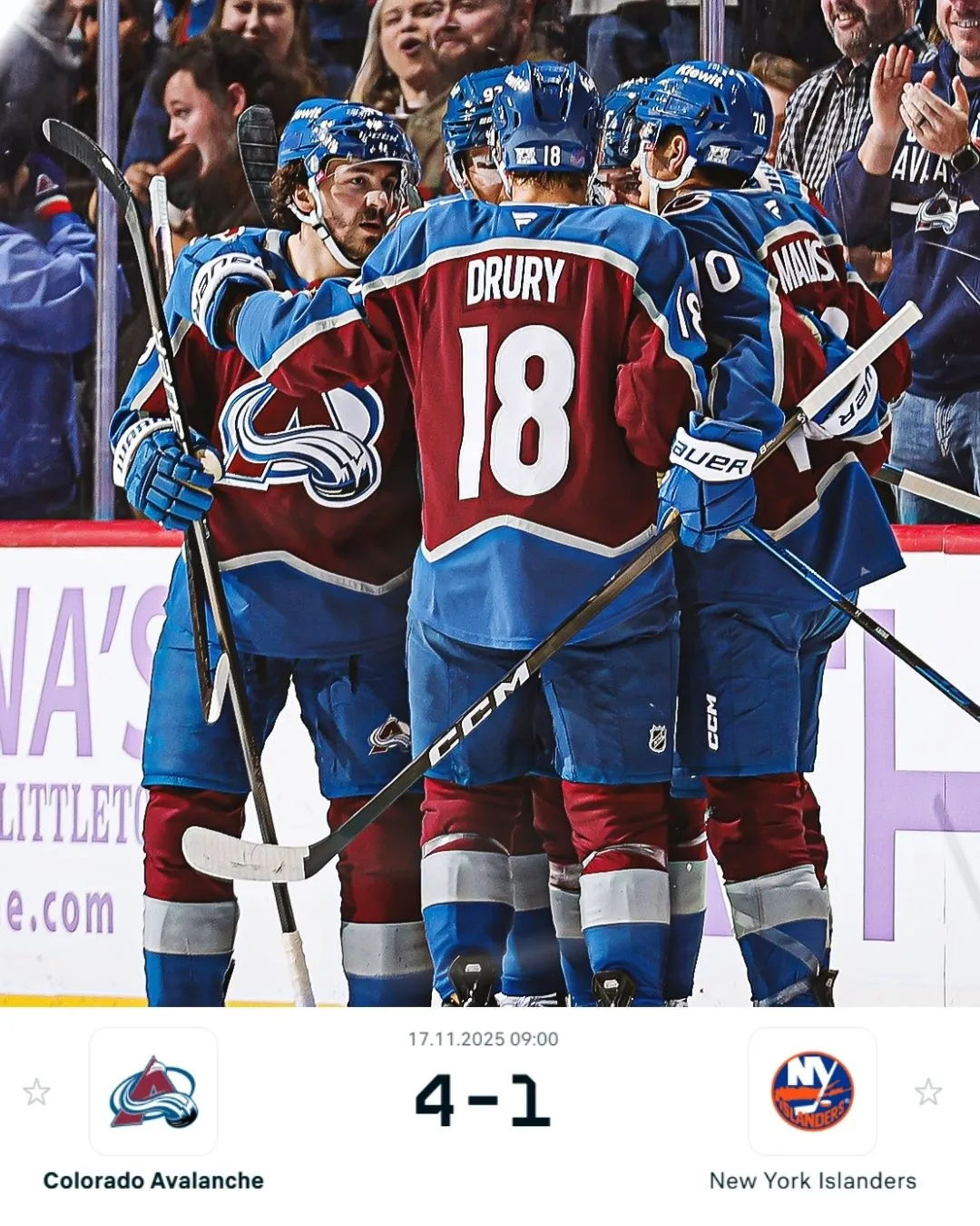 Avalanche Extend Winning Streak to 6 with 4-1 Victory Over Islanders