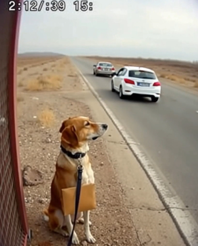 Pysu On a deserted highway, a dog was tied to a fence, and around its neck